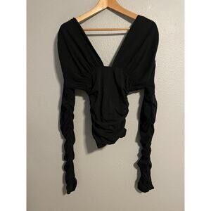Interior Top Womens Medium Black Deep V Long Sleeve Ruched Designer Clubwear